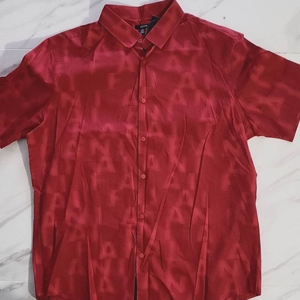 ALFANI Men's Button Up Collar Shirt Short Sleeve Graphic Print Red